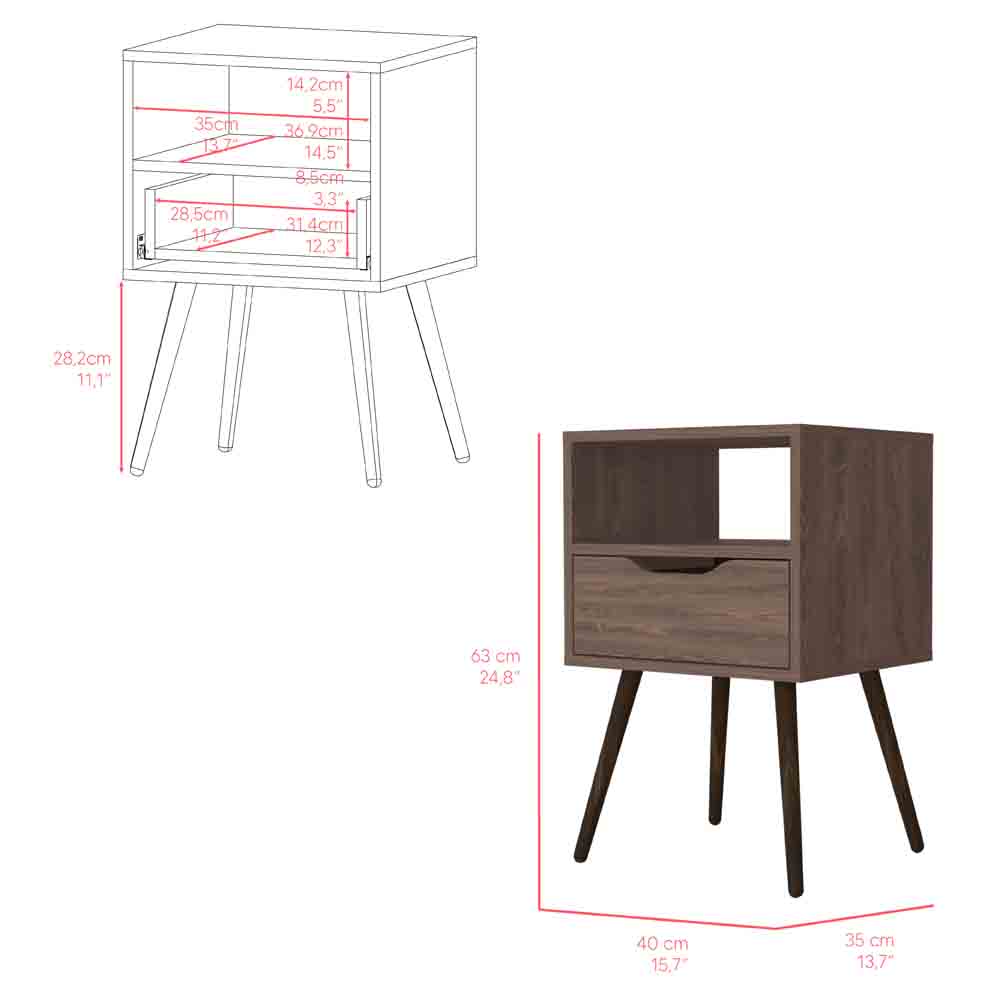 Brown wood nightstand with one drawer and open shelf midcentury modern style side table
