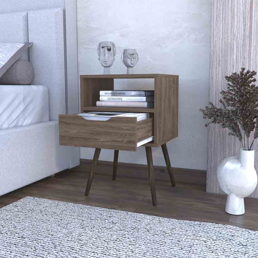 Midcentury modern brown wood nightstand with open shelf and drawer