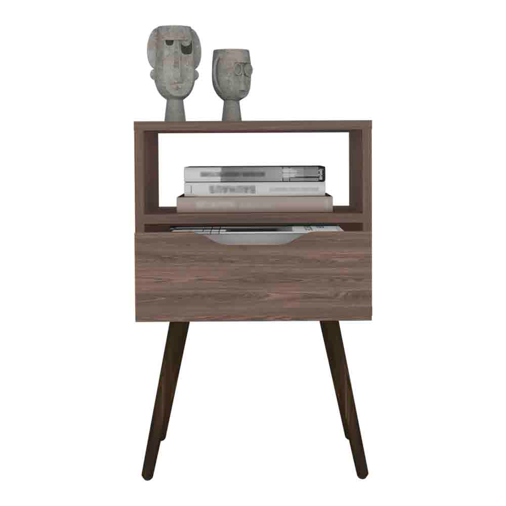 Midcentury modern nightstand with wood grain finish and two decorative busts on top