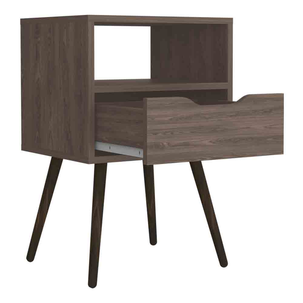 Midcentury modern walnut nightstand with open shelf and one drawer