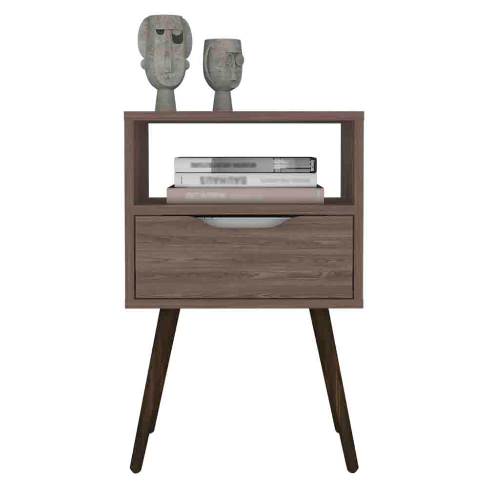 Modern nightstand with open shelf and drawer featuring abstract sculptures and books