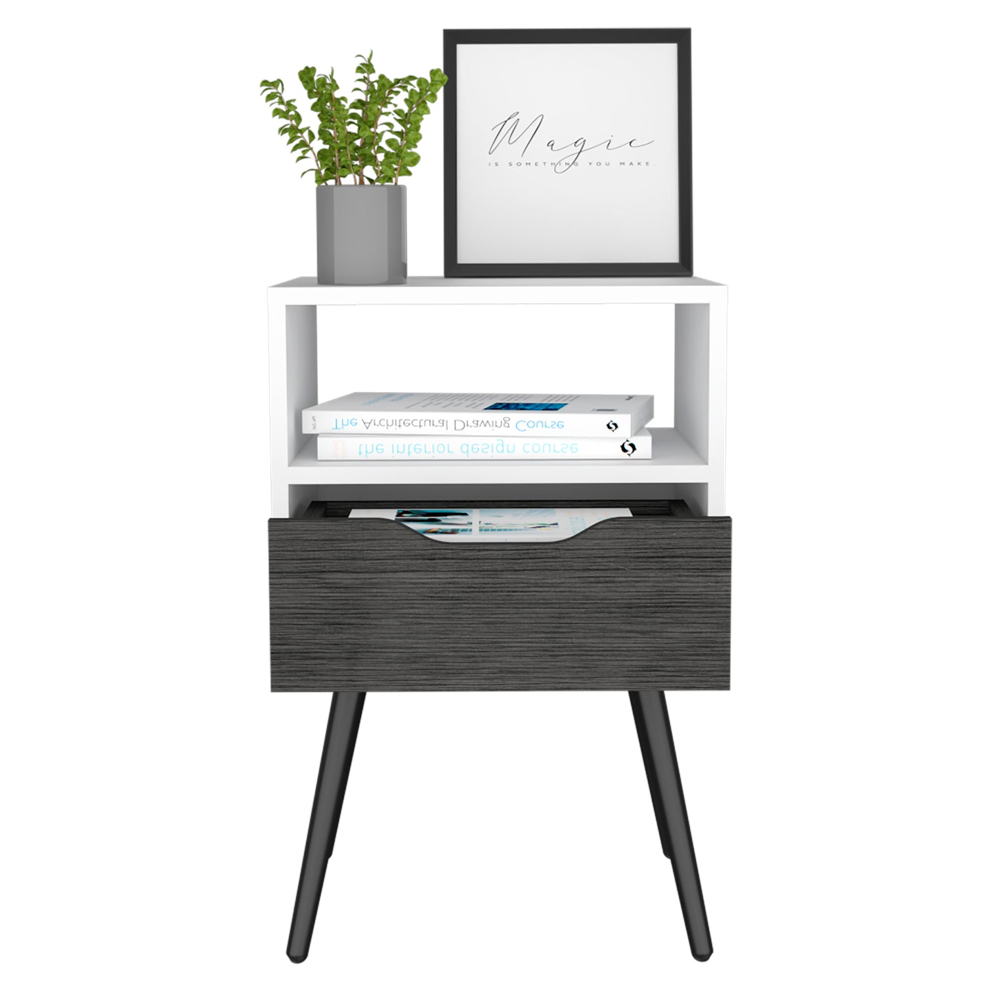 White modern nightstand with dark wood drawer and black legs holding books
