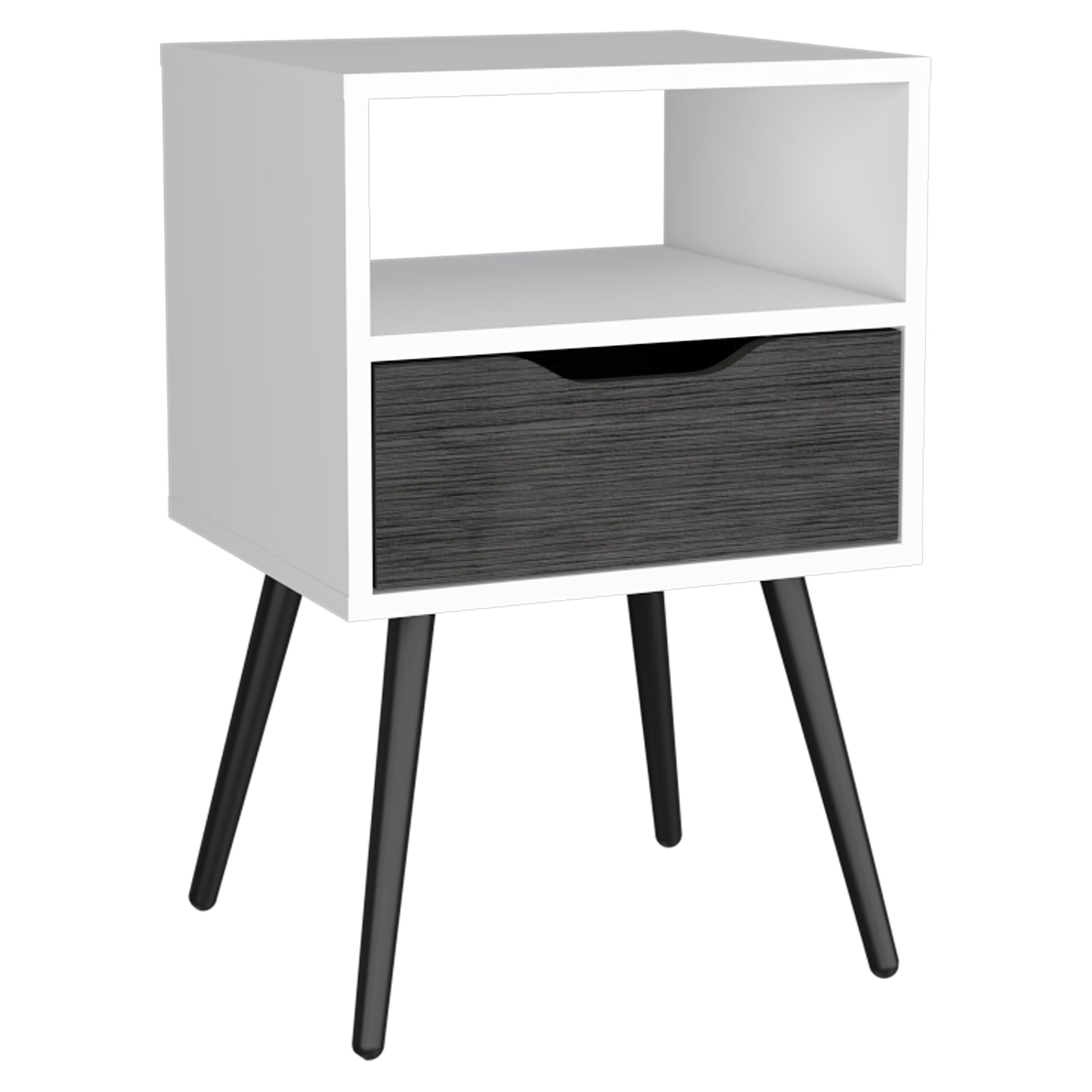 White bedside table with open shelf and dark wood drawer on tapered black legs