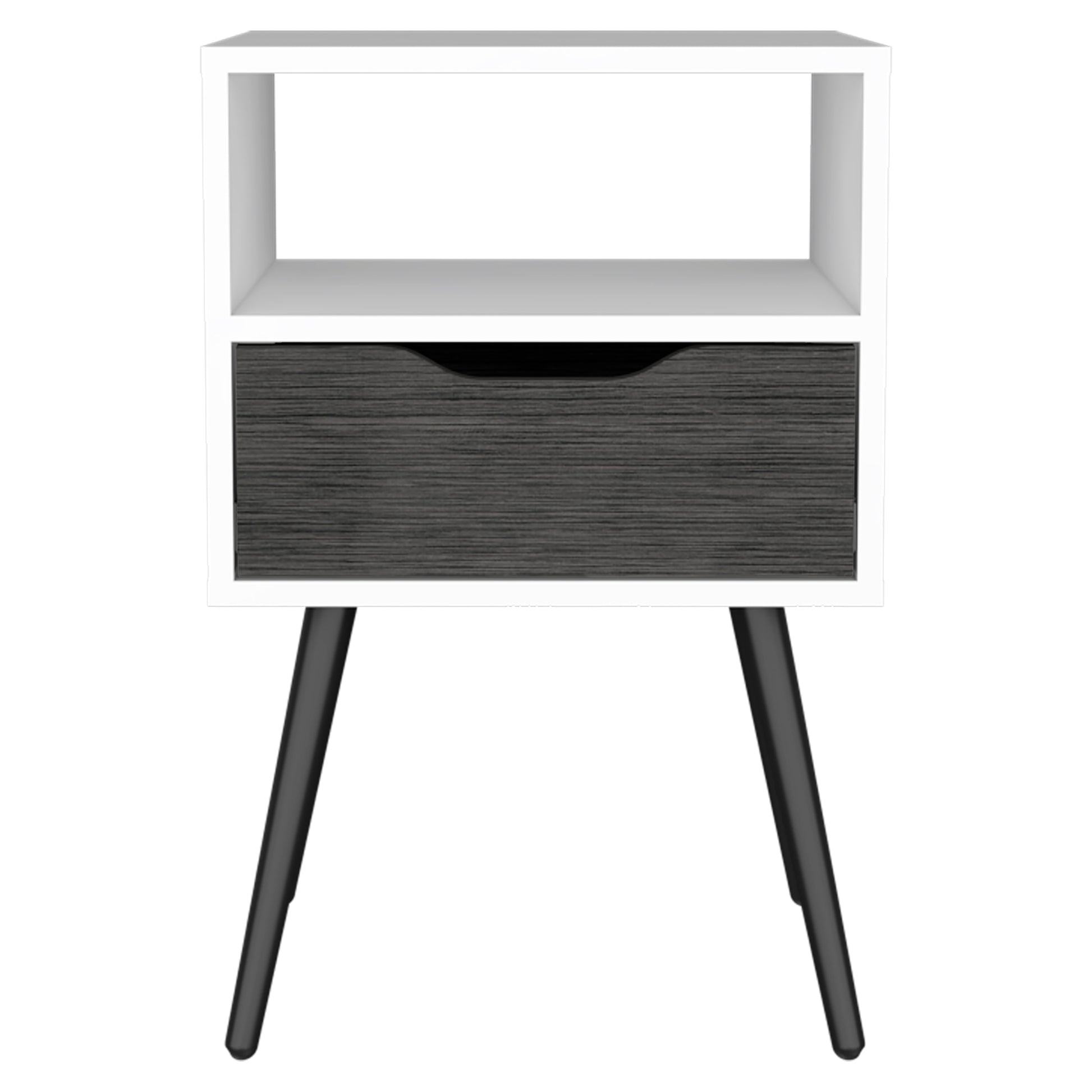 White and gray modern nightstand with one drawer and open shelf tapered legs
