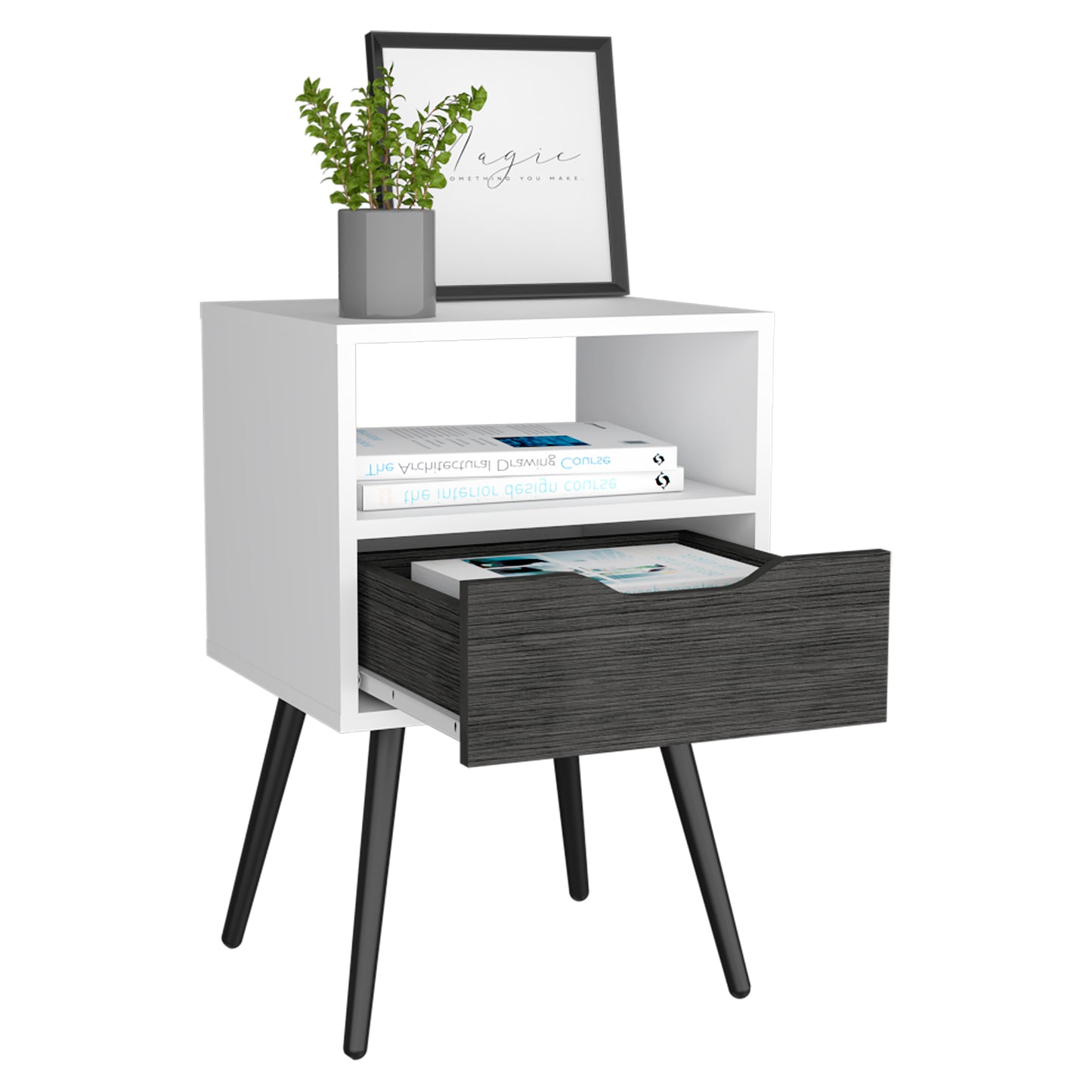 White and gray modern bedside table with open shelf and drawer black legs