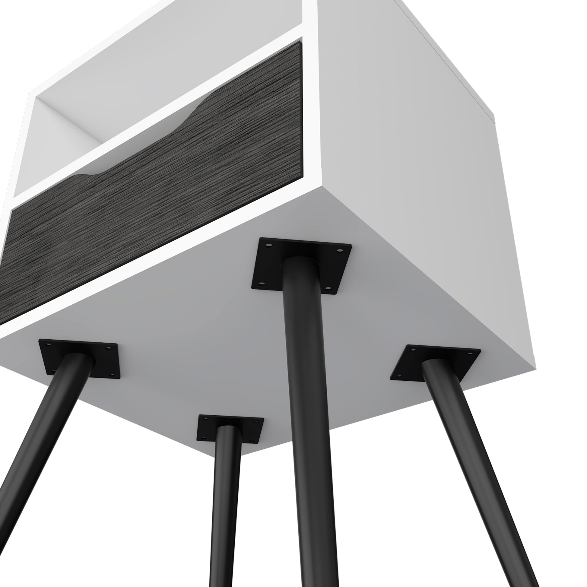 Modern white nightstand with textured gray drawer and tapered legs