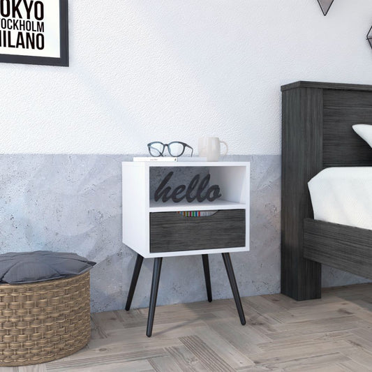 White and gray modern nightstand with black tapered legs and one drawer