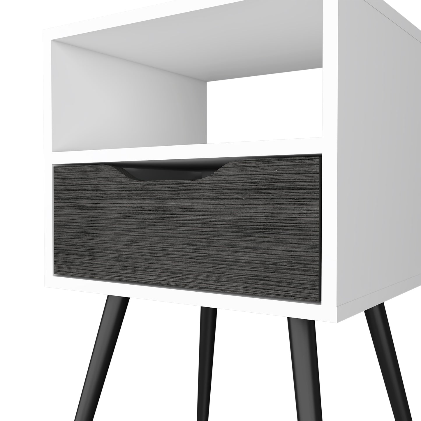 White modern nightstand with a charcoal wood grain drawer and tapered black legs