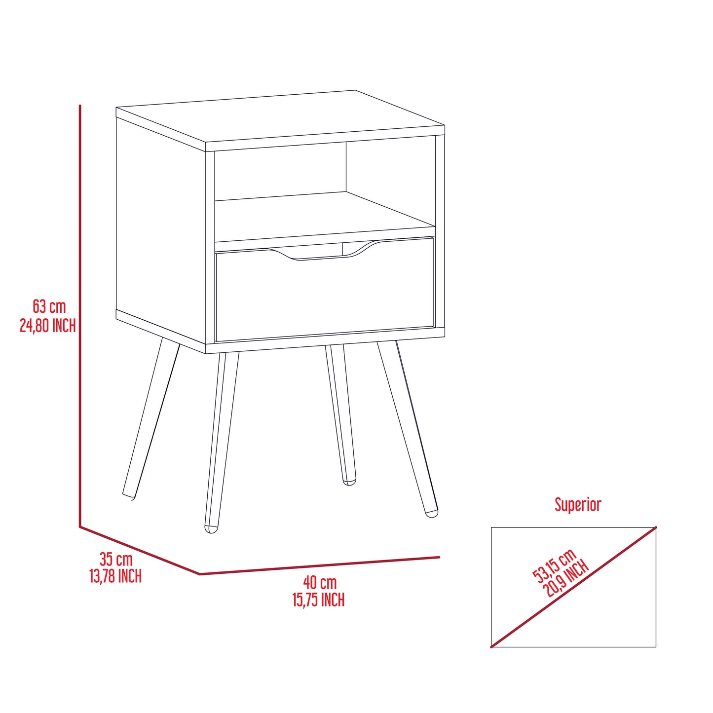 Line drawing of a modern nightstand with one drawer and an open shelf Keyword nightstand