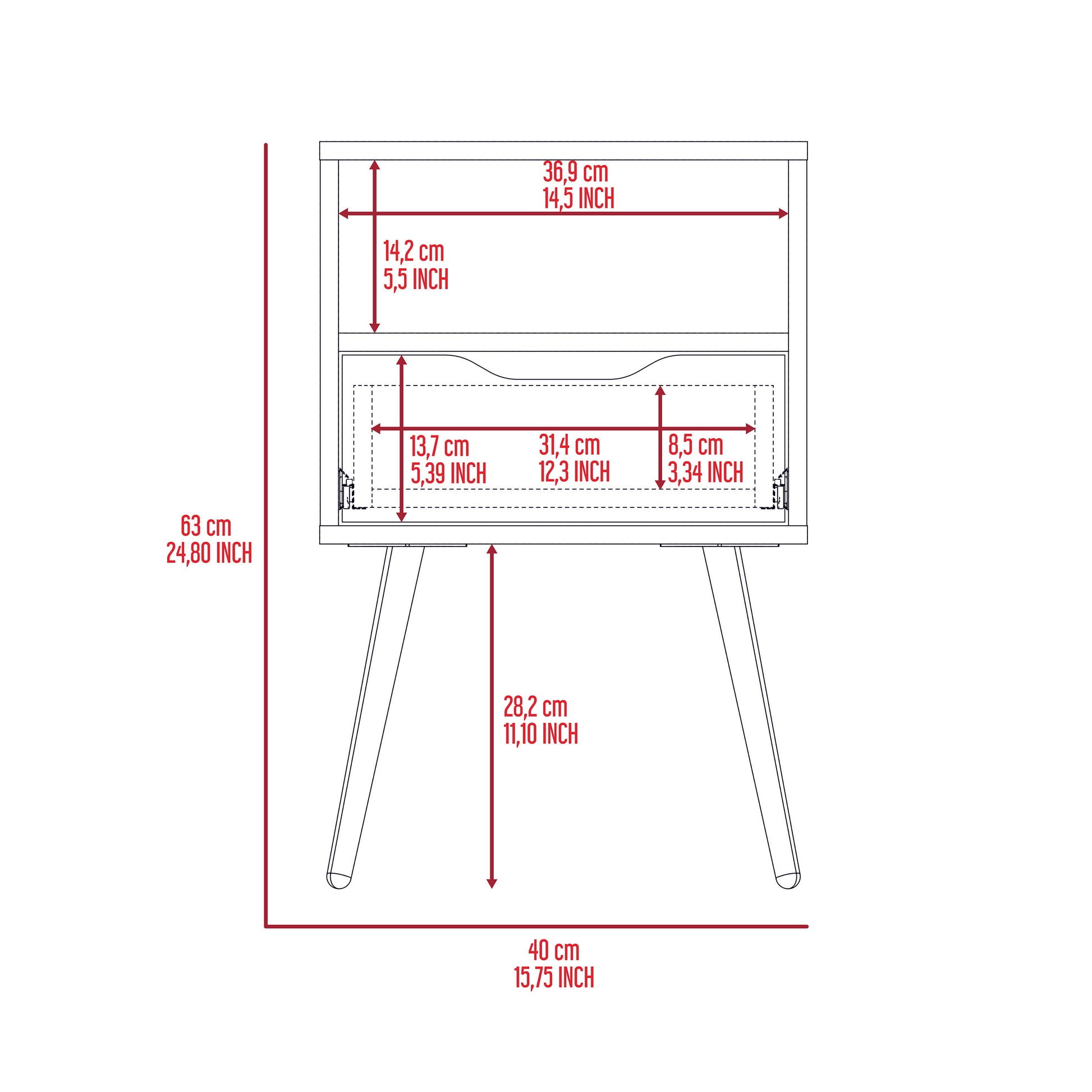Dimensions diagram for a modern white nightstand with a single drawer and tapered legs Main keyword nightstand