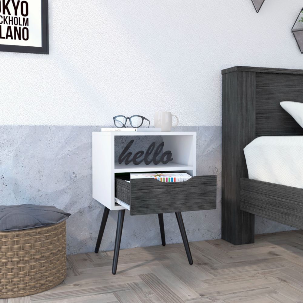 Modern white nightstand with a dark wood drawer and angled legs