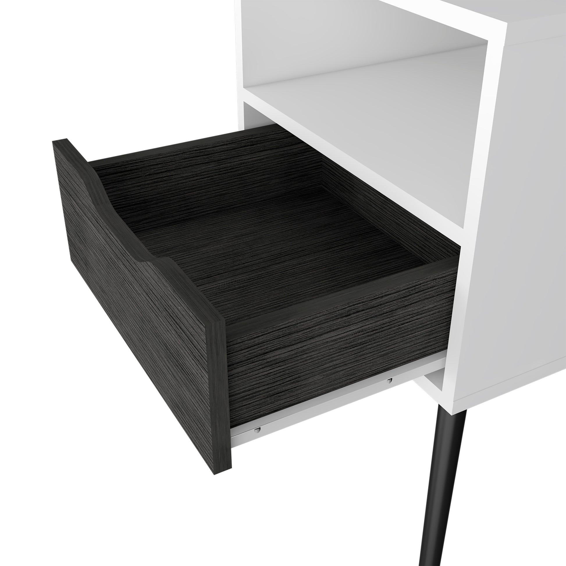 White modern nightstand with a dark wood grain drawer open showcasing interior