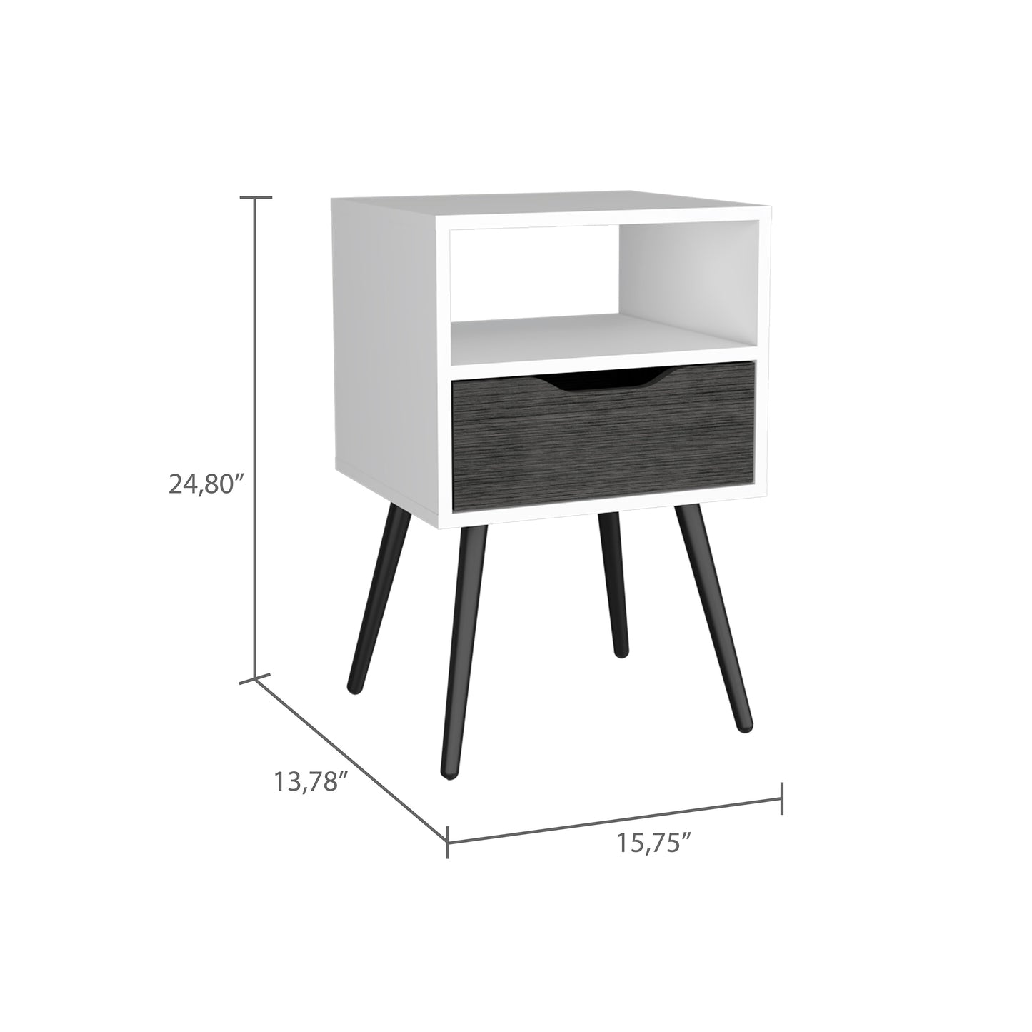 White modern end table with a dark wood grain drawer and black tapered legs