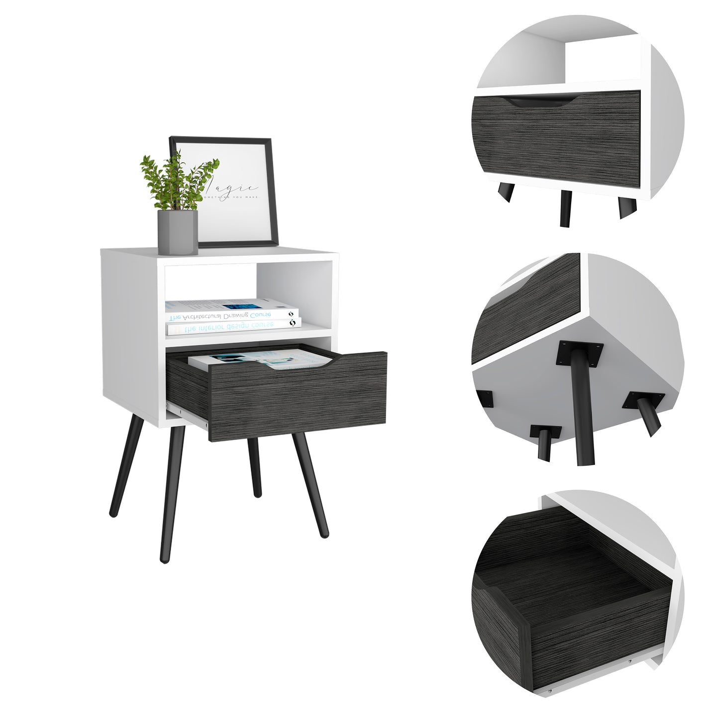 White side table with open shelf and dark wood grain drawer featuring angled black legs