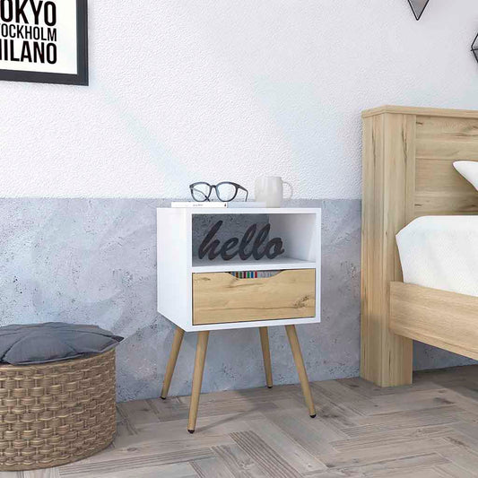 White and wood bedside table with tapered legs and open shelf