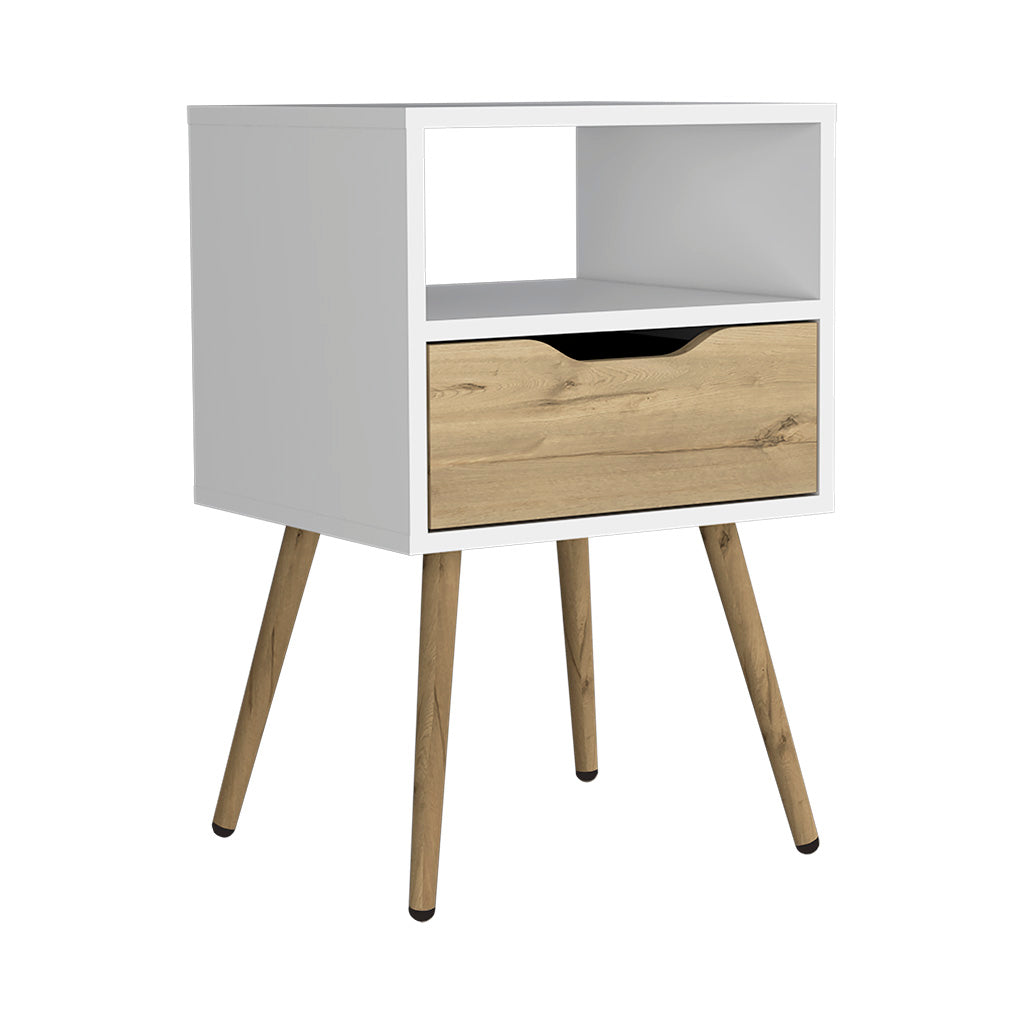 White and wood grain bedside table with angled legs