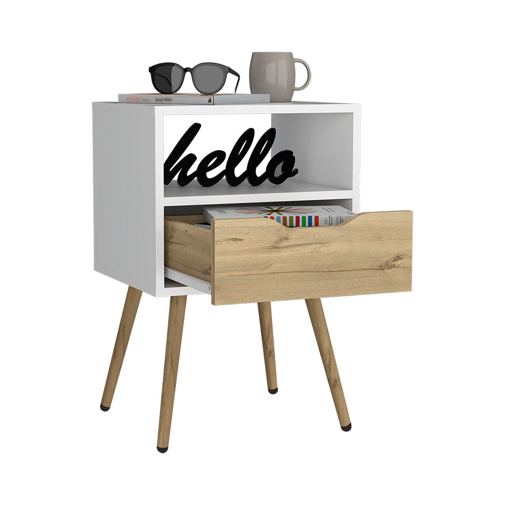 Modern white nightstand with light wood drawer and angled legs