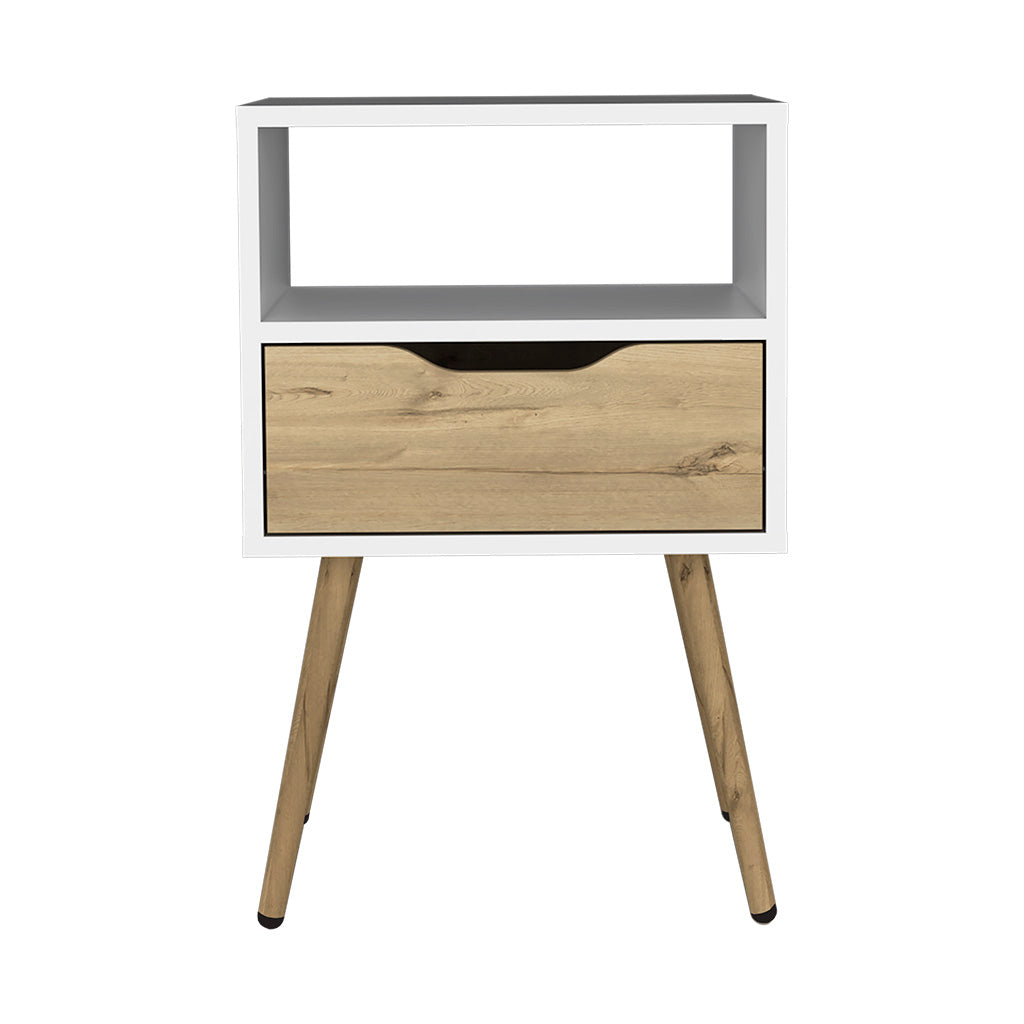 White modern nightstand with wood drawer and angled legs contemporary furniture