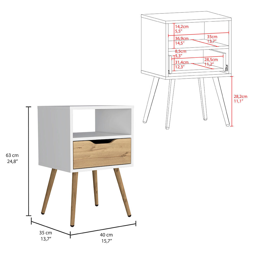 Modern white nightstand with single woodgrain drawer and angled legs