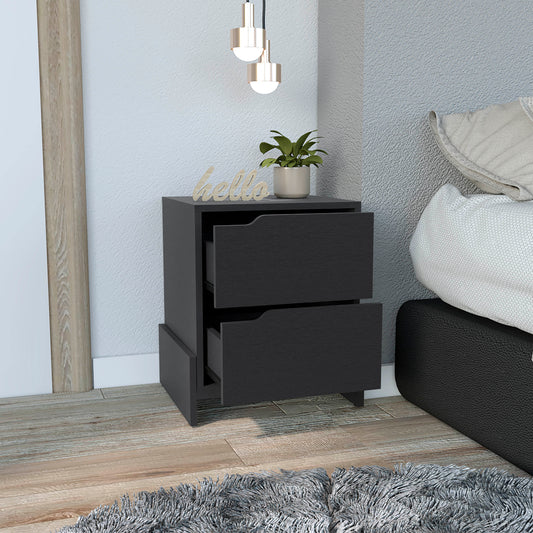 Dark wood grain nightstand with two open drawers modern bedroom accent