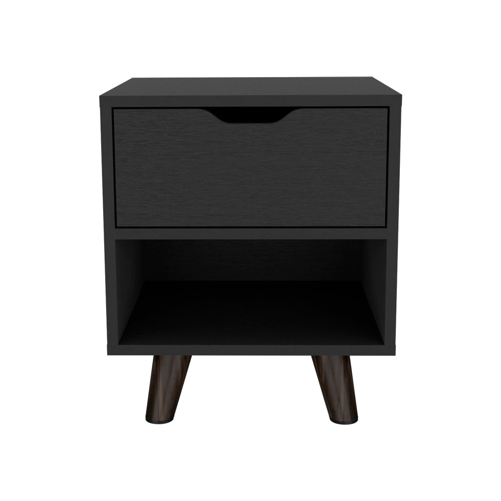 Modern black nightstand with one drawer and open shelf tapered wooden legs