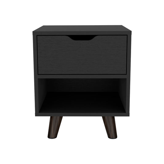 Modern black nightstand with one drawer and open shelf tapered wooden legs
