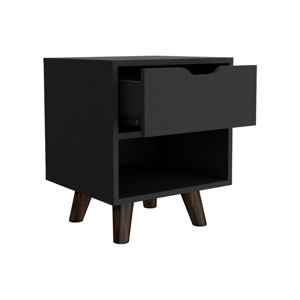 Black modern nightstand with an open drawer and shelf wood legs