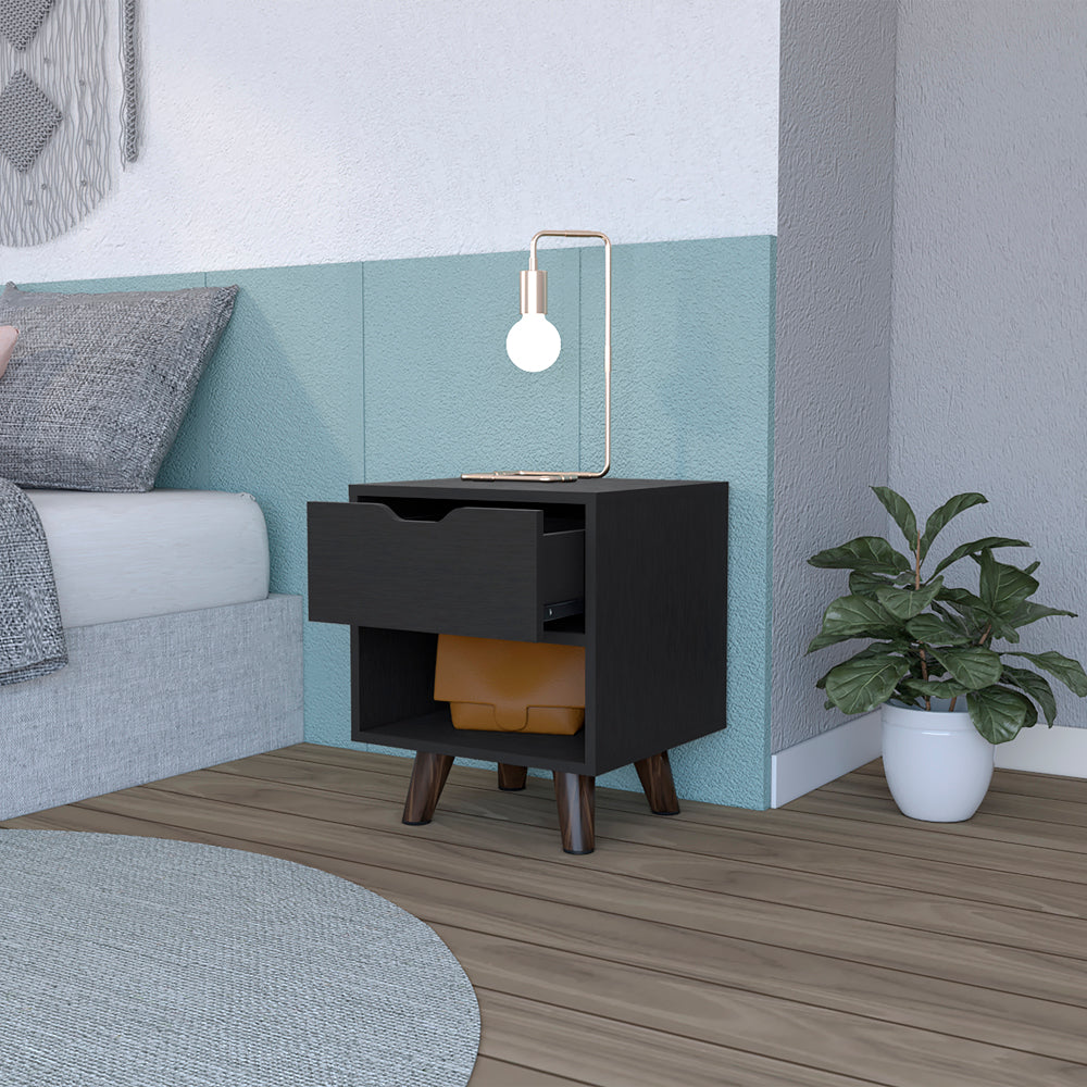 Black modern nightstand with drawer and open shelf dark wood legs