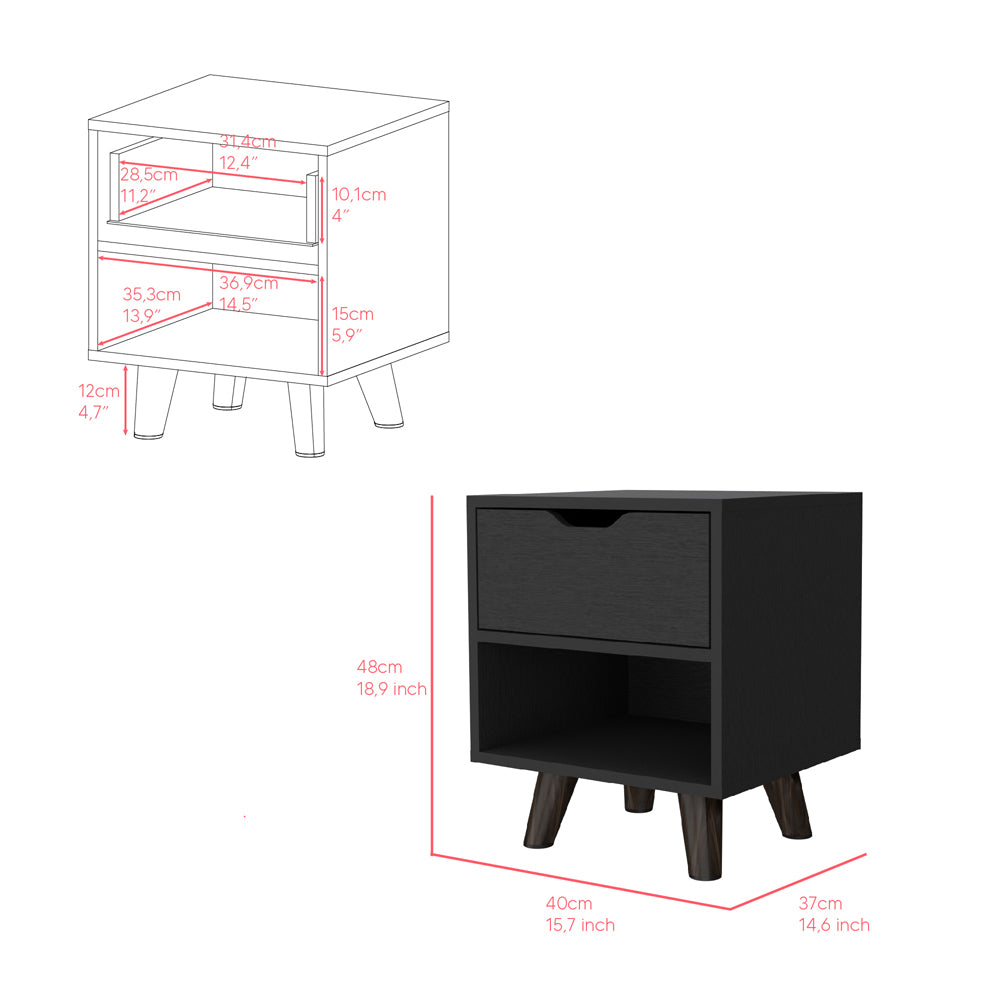 Black wooden nightstand with one drawer and open shelf on tapered legs