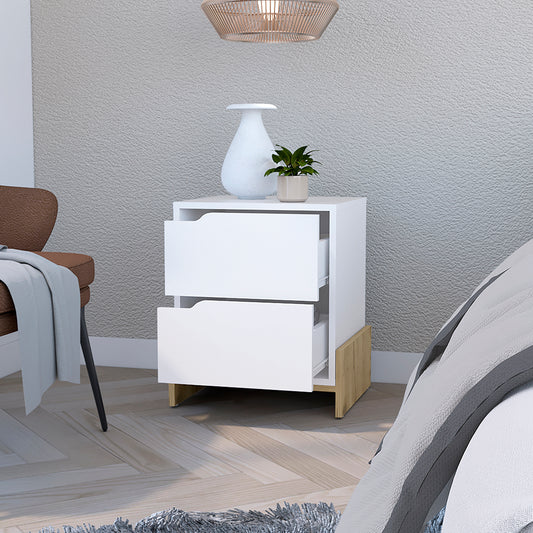 White modern nightstand with two drawers and wood accent base