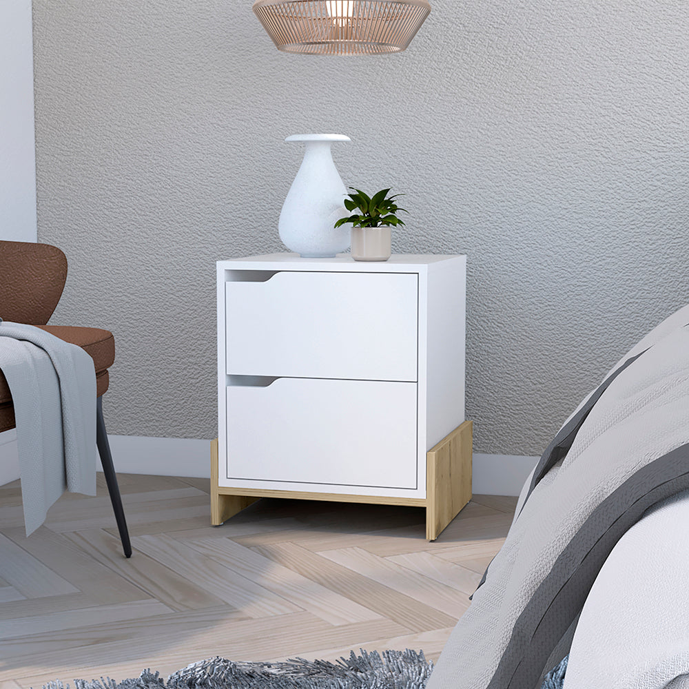 Modern white twodrawer nightstand with natural wood accents perfect for a bedroom