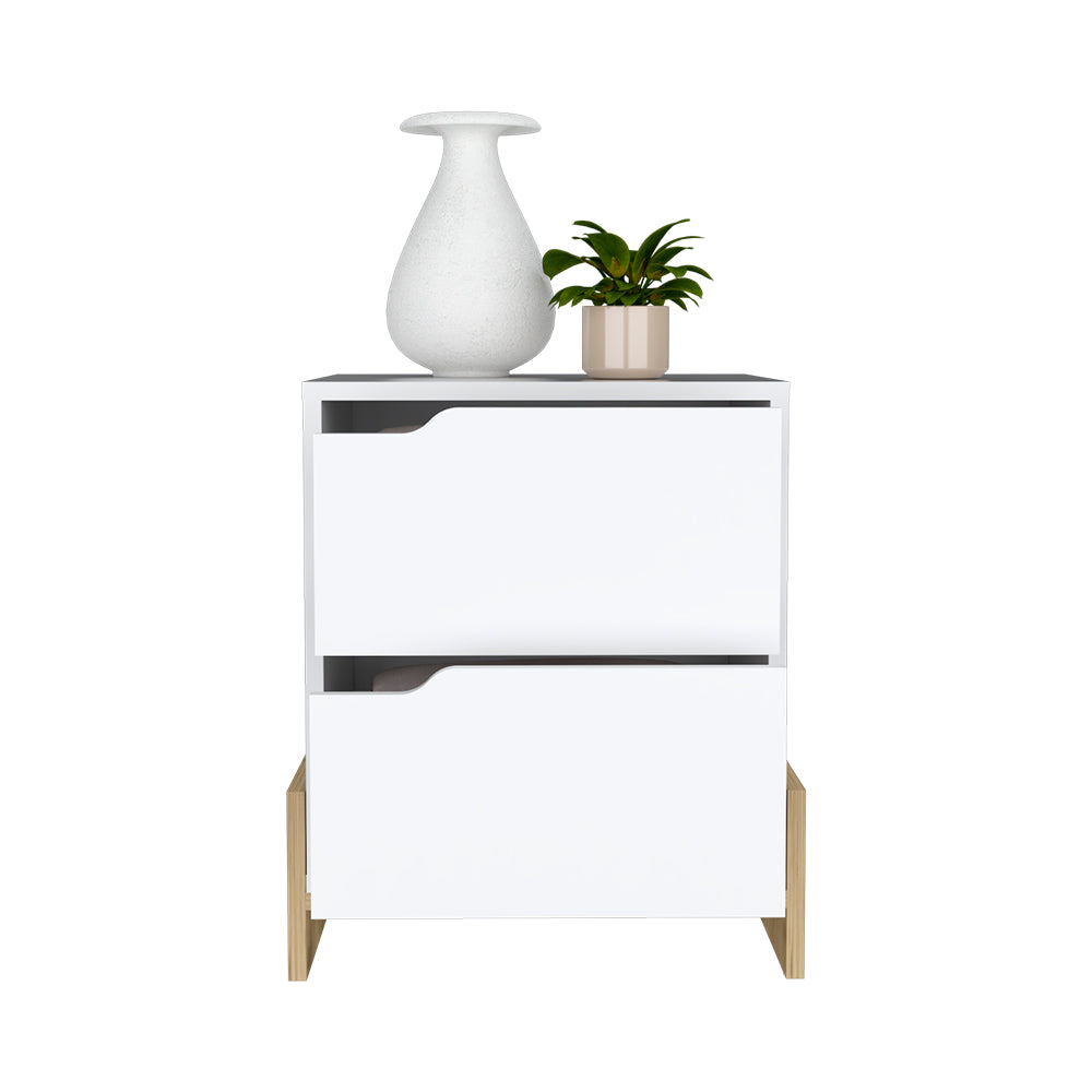 White twodrawer nightstand with a textured vase and potted plant on top