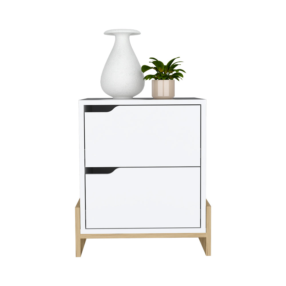 Modern white twodrawer nightstand with wood accents