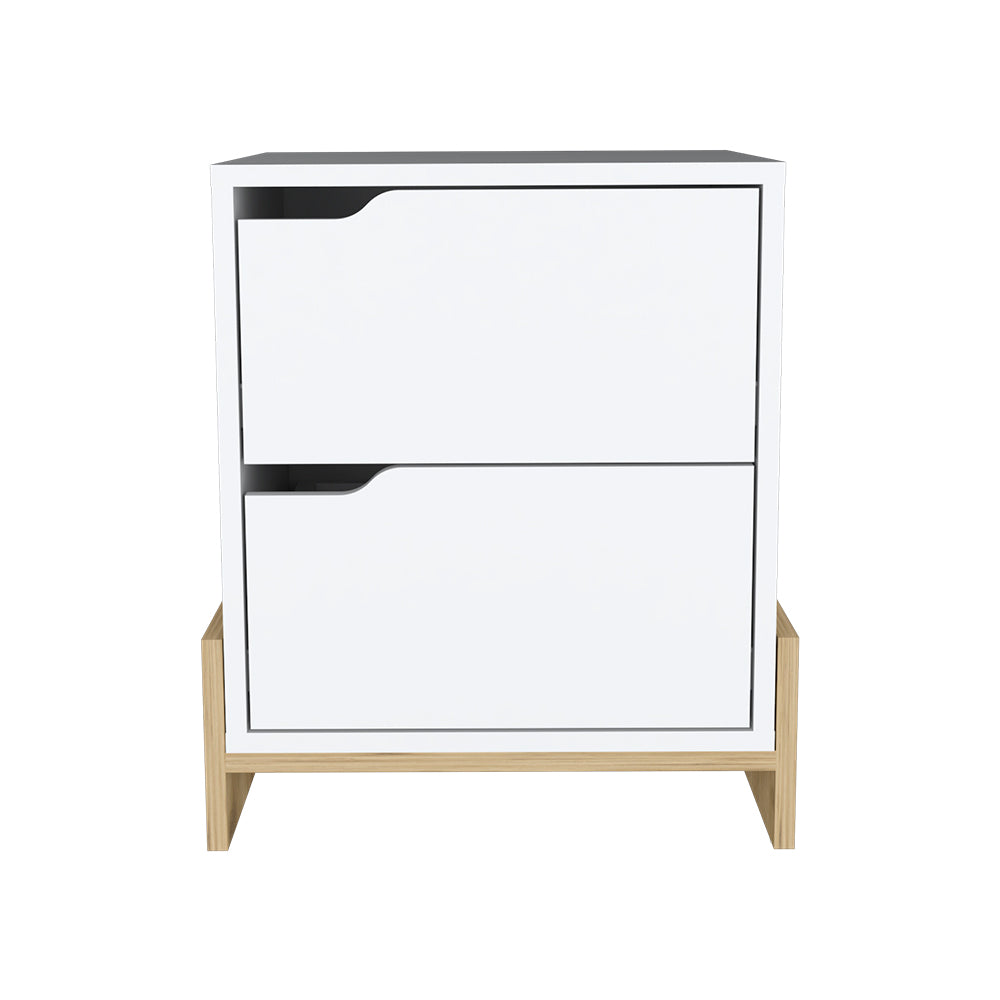 Modern white shoe cabinet with two flipout drawers and light wood base