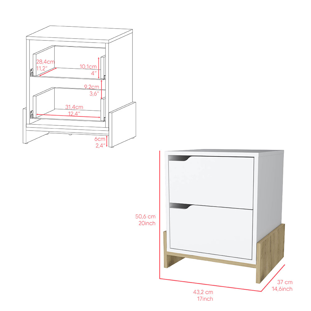 White twodrawer nightstand with oak wood base cm tall