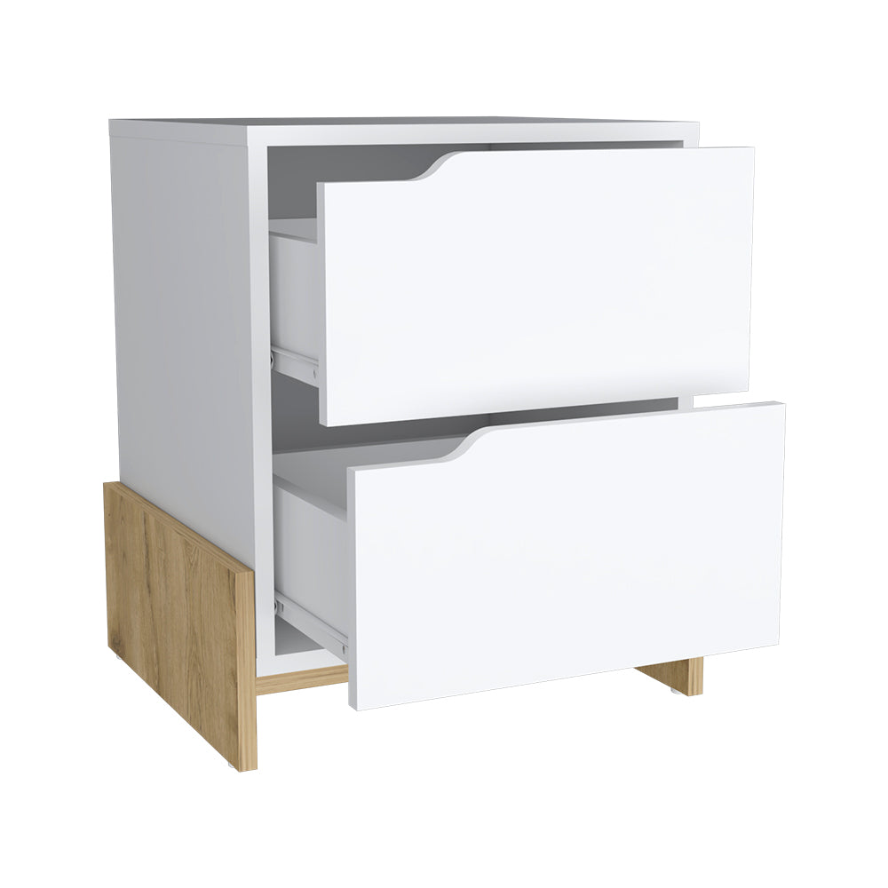 Modern white twodrawer nightstand with wood accent base