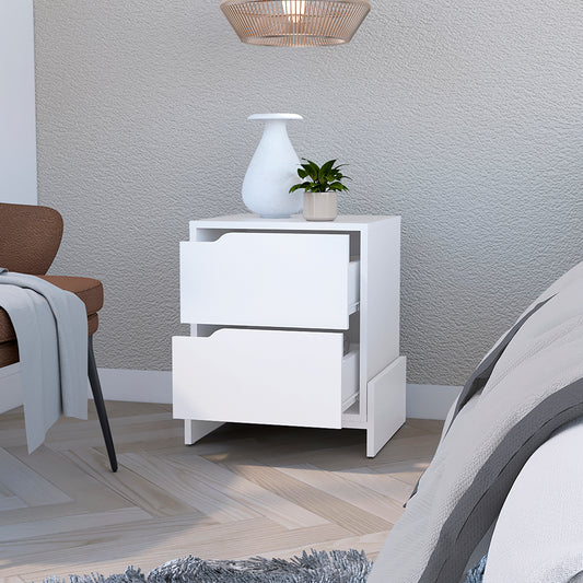 White twodrawer modern nightstand with cutout handles ideal bedroom furniture