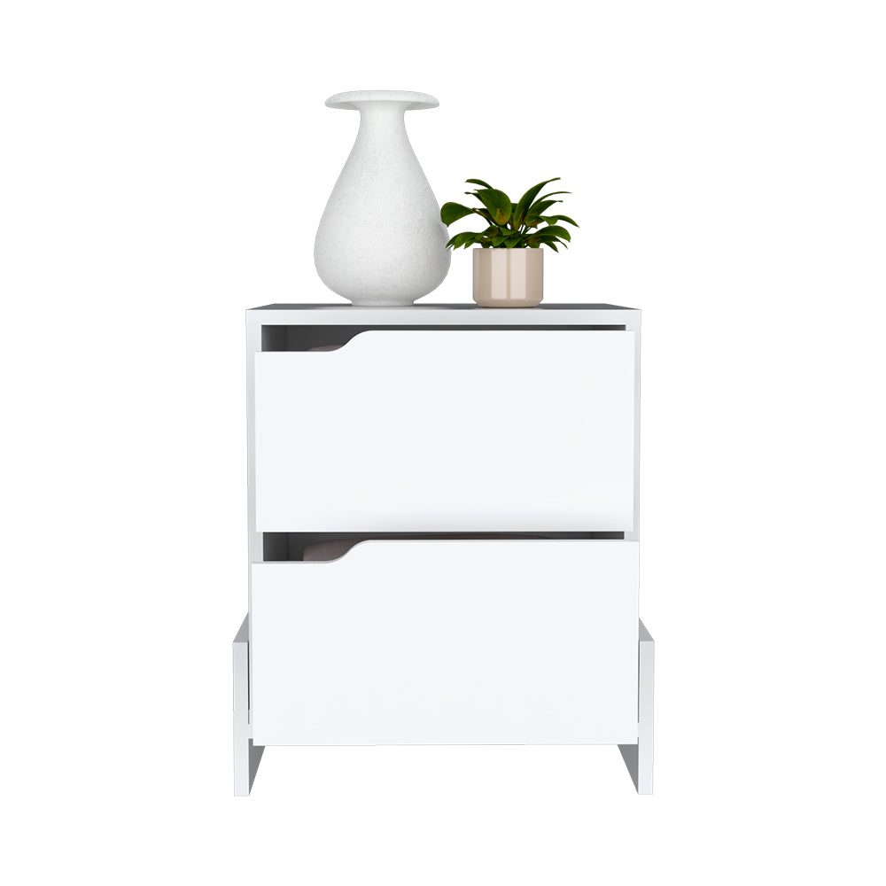 White twodrawer modern nightstand with decorative vase and plant