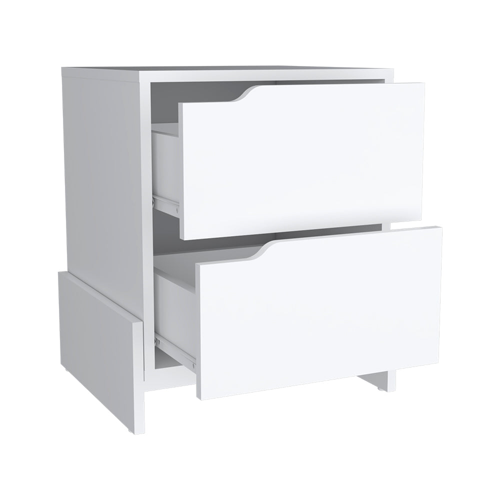 White twodrawer nightstand with minimalist curved drawer fronts