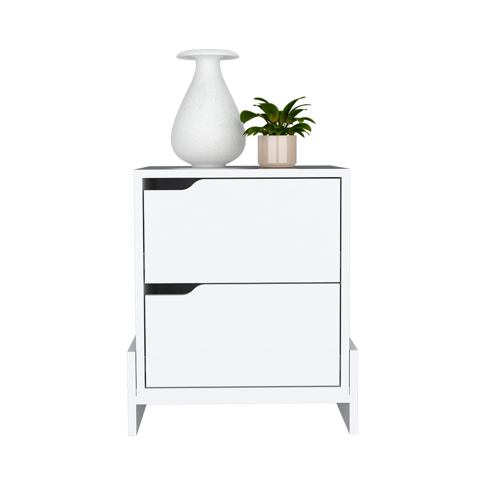 Modern white twodrawer nightstand with integrated handles and decorative vase