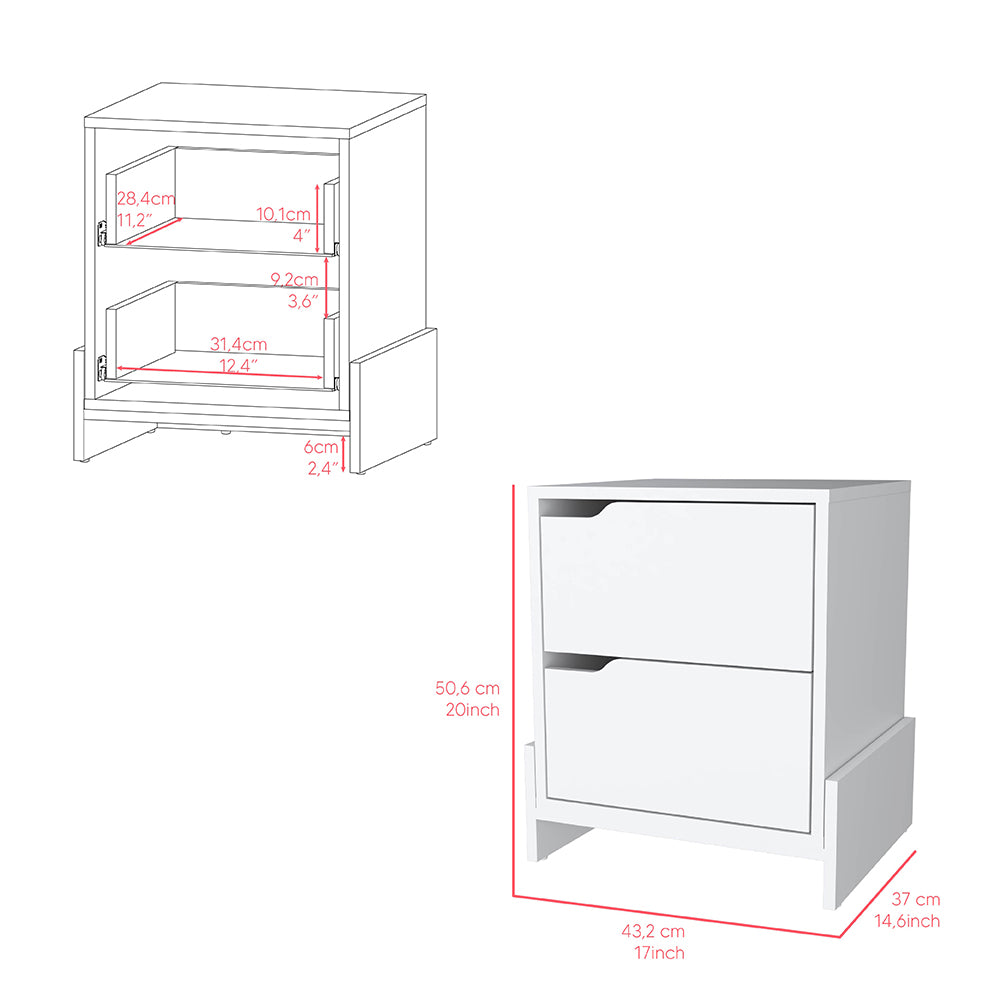 White twodrawer nightstand with modern cutout handles and angled legs