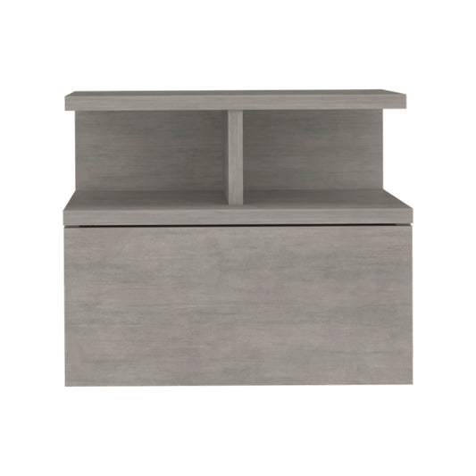 Modern grey wood nightstand with open shelf and single drawer