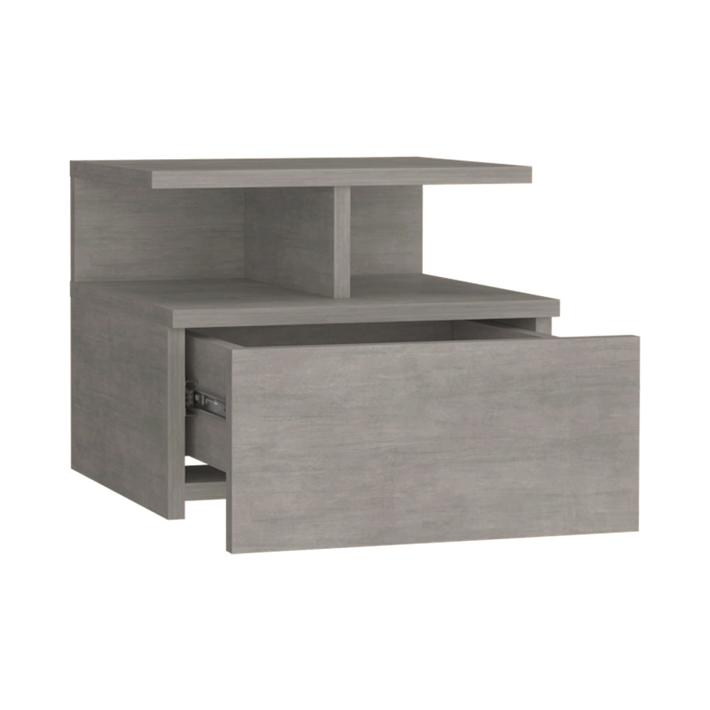 Modern grey wood nightstand with open shelf and one drawer