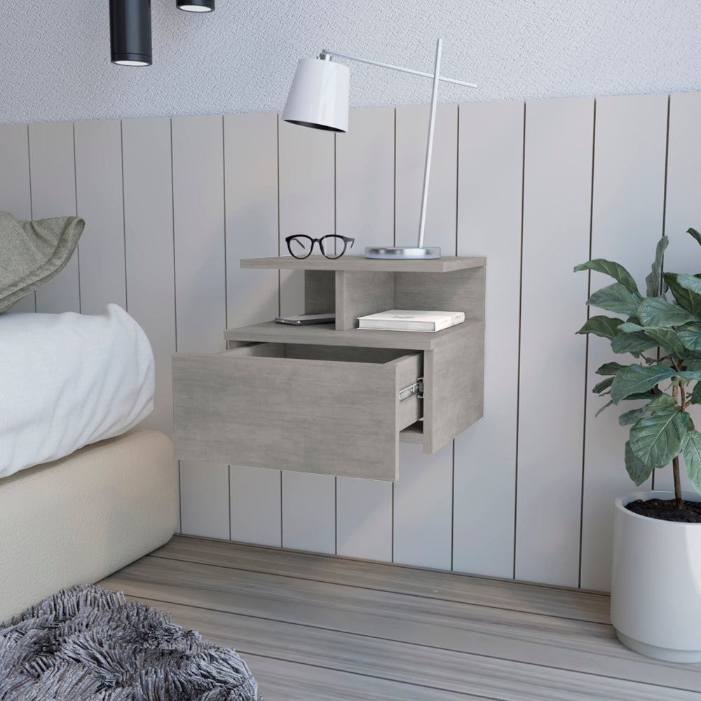 Gray wood floating nightstand with open drawer and shelf
