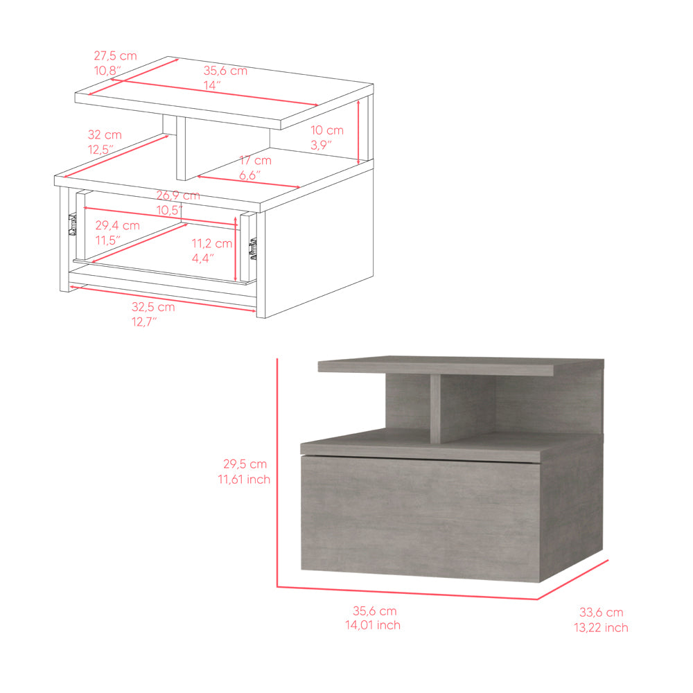 Modern gray wooden bedside table with a single drawer and open shelf