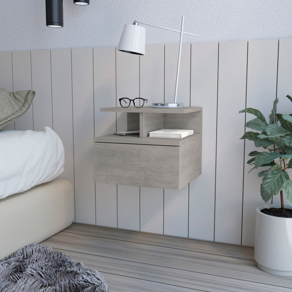 Gray modern wallmounted nightstand with drawer and open shelf for bedroom