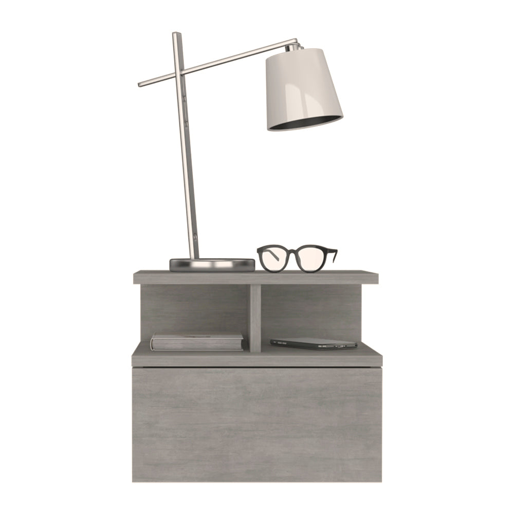 Modern gray nightstand with open shelf drawer lamp and glasses