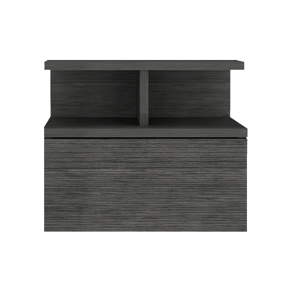 Modern dark gray wood nightstand with two open shelves and a drawer
