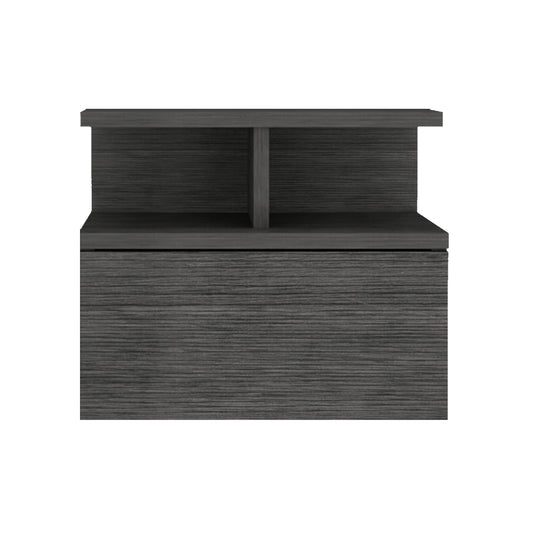 Modern dark gray wood nightstand with two open shelves and a drawer