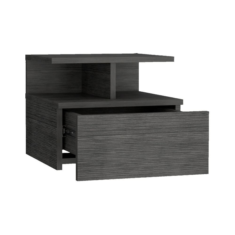 Dark gray modern nightstand with open drawer and two shelves